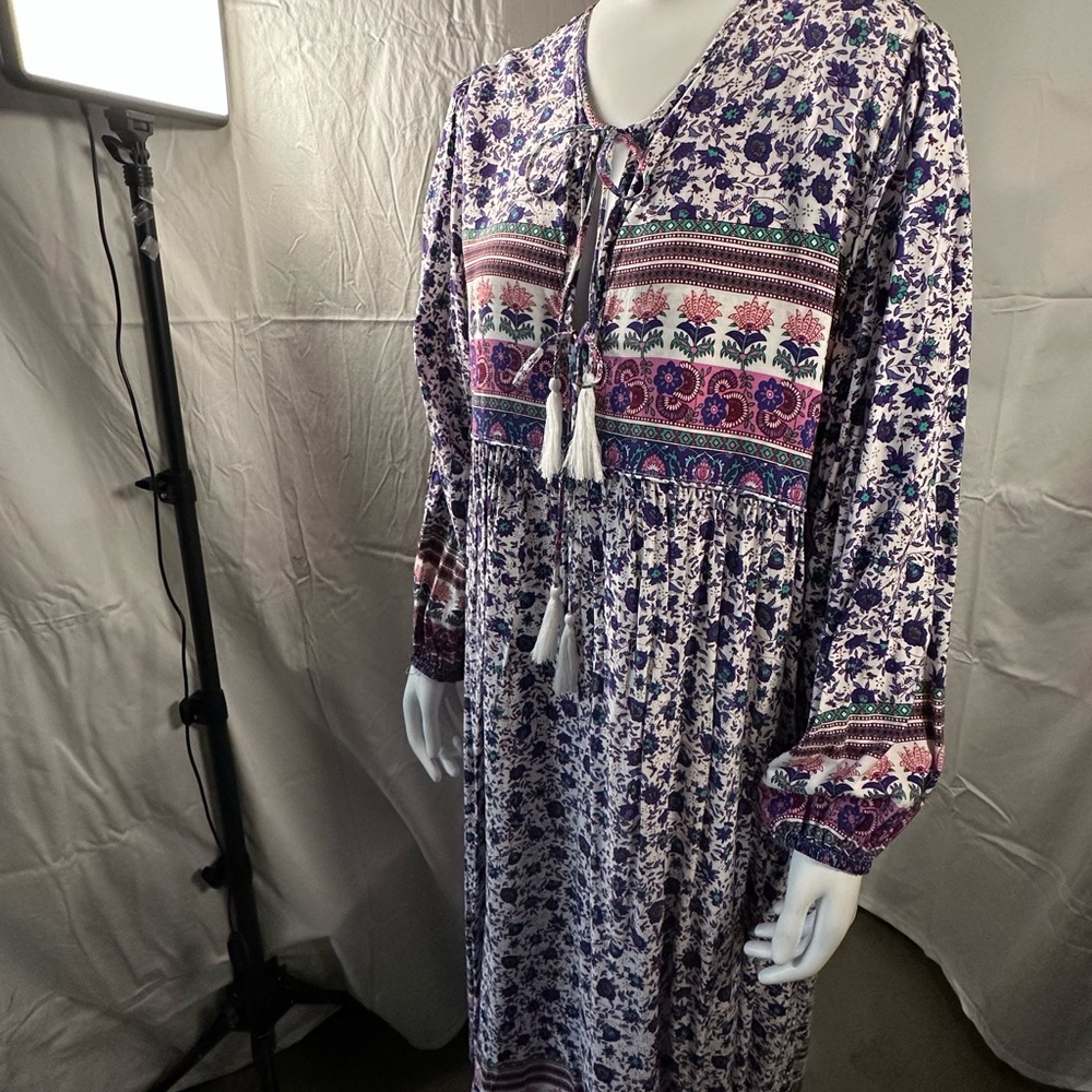 Floral Border Print V-Neck Tassel BoHo Midi Dress  Sz. 2XL/18 - Picture 4 of 8